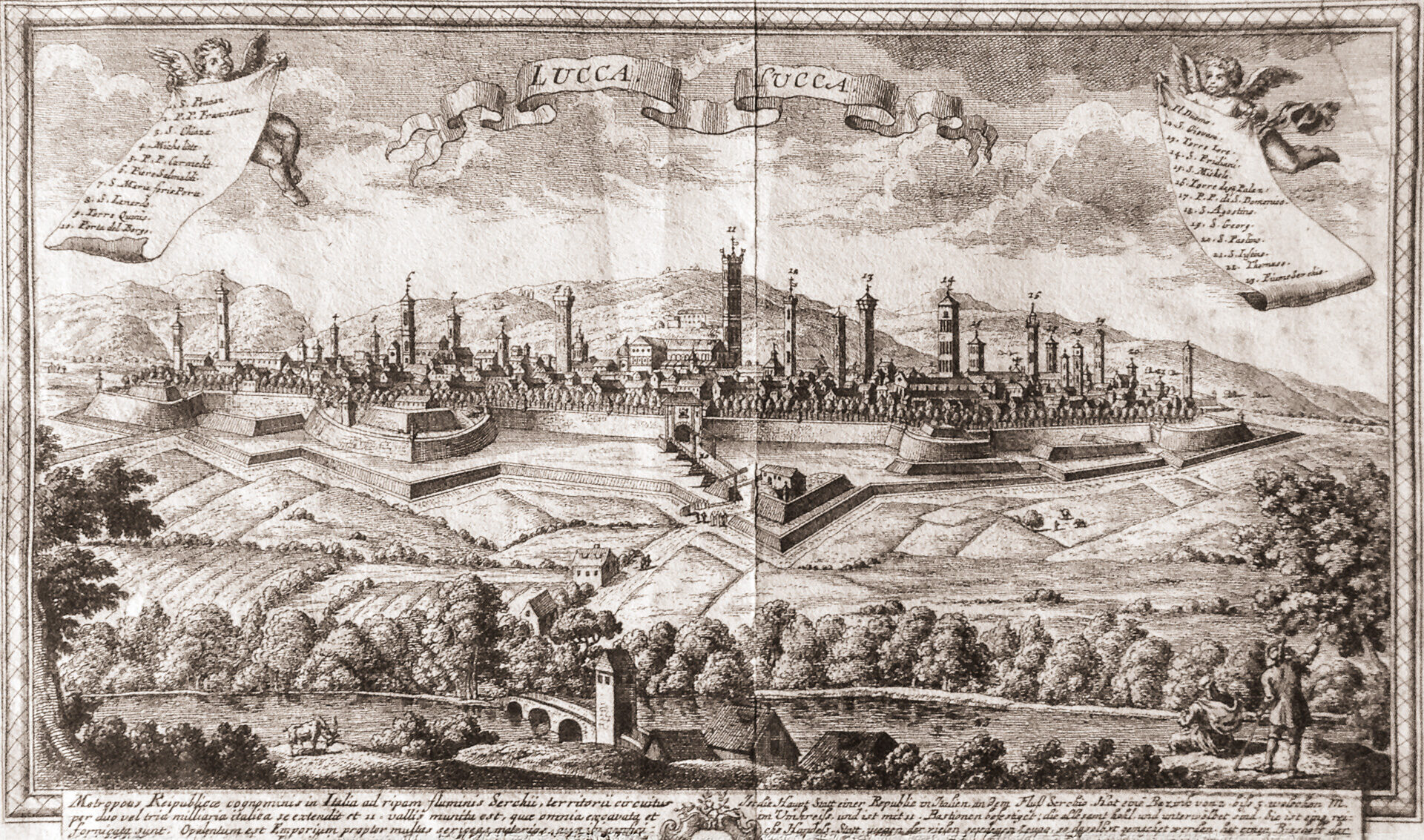 Ansicht Stadt Lucca aus Jahr 1750 Ansicht von Lucca (1750) mit Beschreibung ihrer Geschichte und Bebauung.