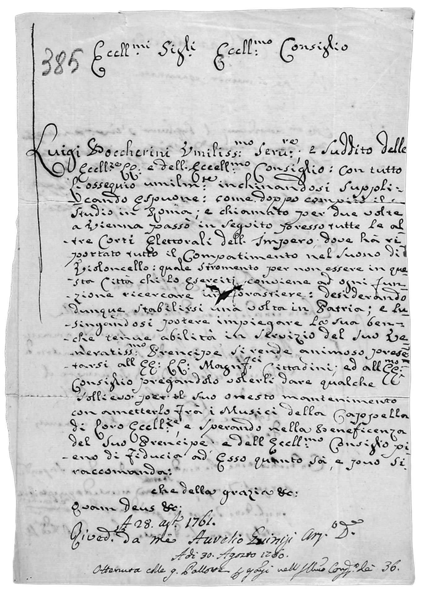 Bewerbung Luigi Boccherinis an den Rat der Stadtrepublik Lucca als Violoncellist der Cappella Palatina, 28. August 1761